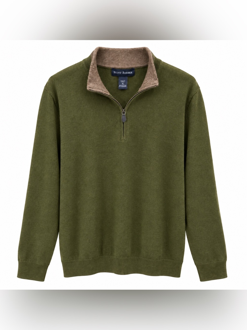 Scott Barber Men’s XL Cotton Cashmere Quarter Zip Sweater Olive Green Pullover